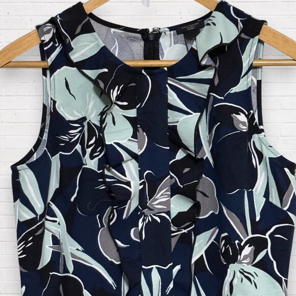 ANN TAYLOR Navy Aqua Blue Ruffle Front Bodice Sleeveless A-Line Dress 8 Petite - Picture 3 of 7